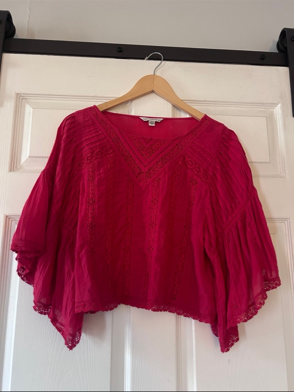 Boho Crochet-Trim V-Neck Blouse red